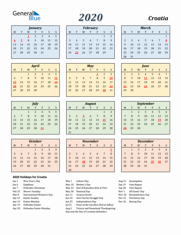 Croatia Calendar 2020 with Monday Start