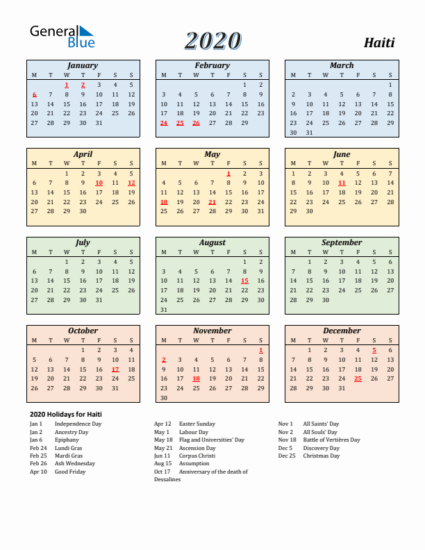 Haiti Calendar 2020 with Monday Start
