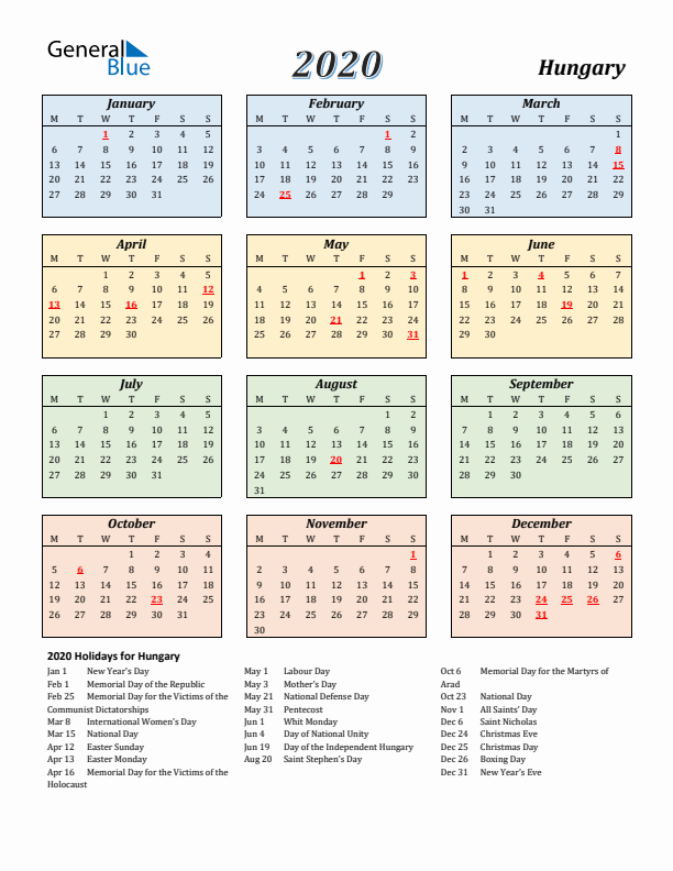 Hungary Calendar 2020 with Monday Start