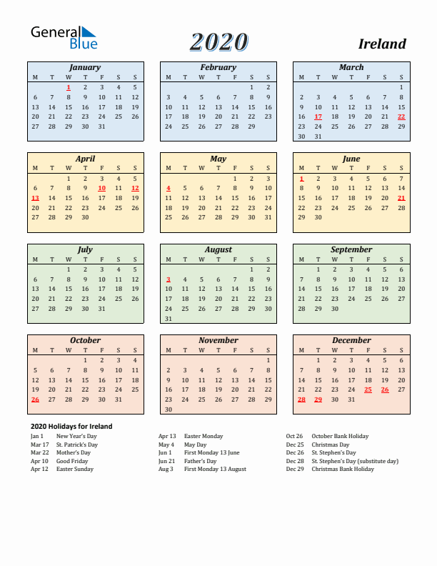 Ireland Calendar 2020 with Monday Start