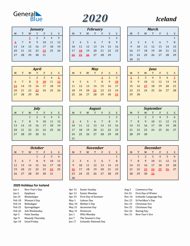 Iceland Calendar 2020 with Monday Start