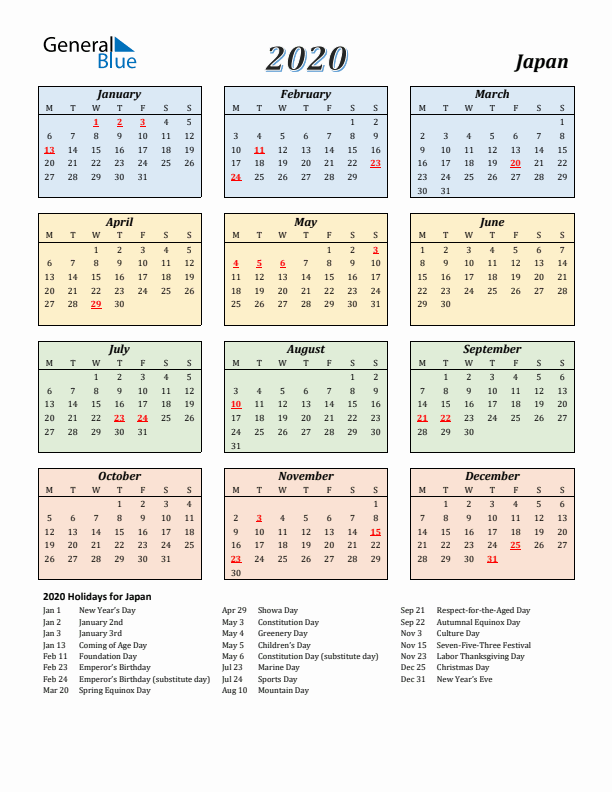 Japan Calendar 2020 with Monday Start
