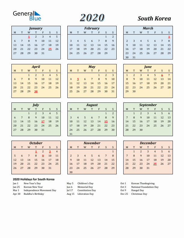South Korea Calendar 2020 with Monday Start