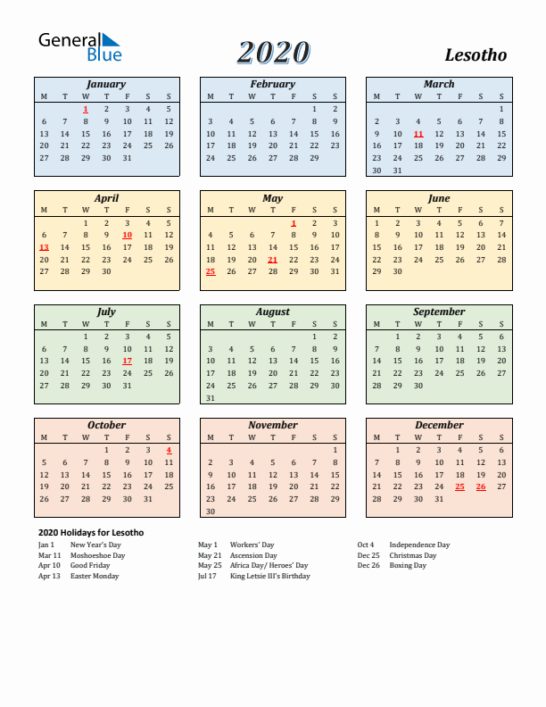 Lesotho Calendar 2020 with Monday Start