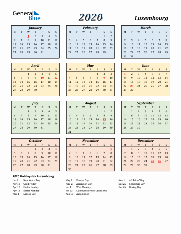 Luxembourg Calendar 2020 with Monday Start