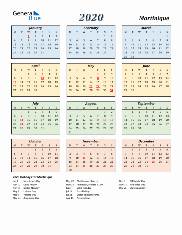 Martinique Calendar 2020 with Monday Start