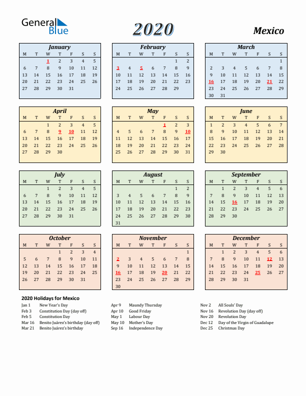 Mexico Calendar 2020 with Monday Start