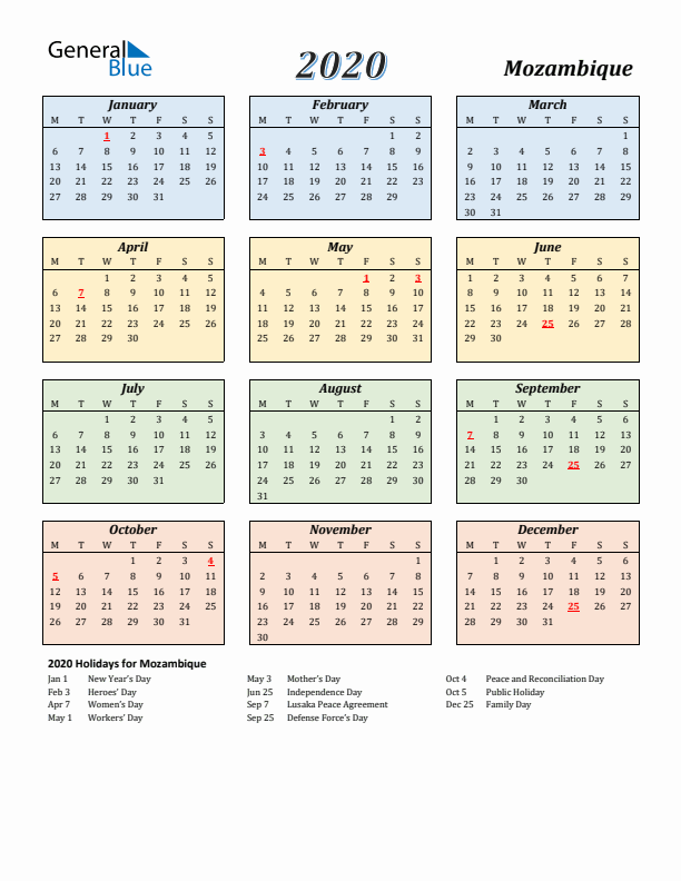 Mozambique Calendar 2020 with Monday Start