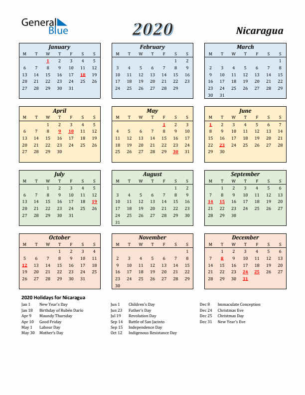 Nicaragua Calendar 2020 with Monday Start