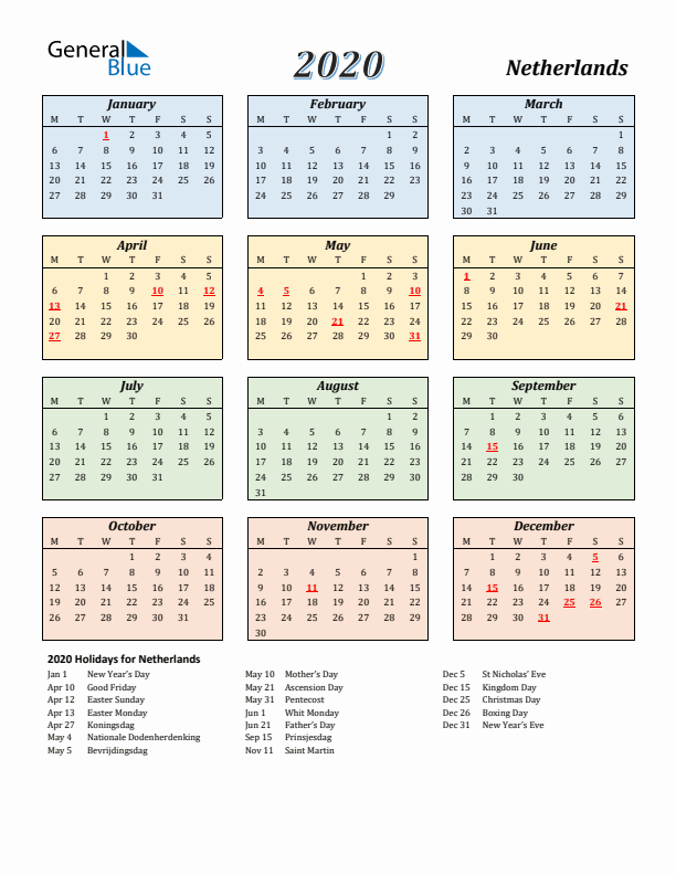 The Netherlands Calendar 2020 with Monday Start