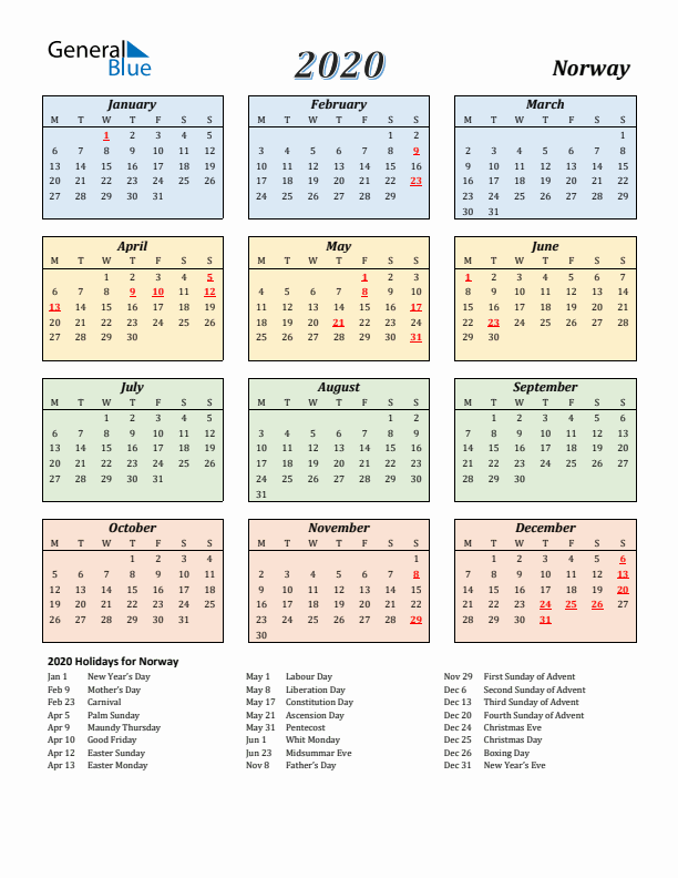 Norway Calendar 2020 with Monday Start