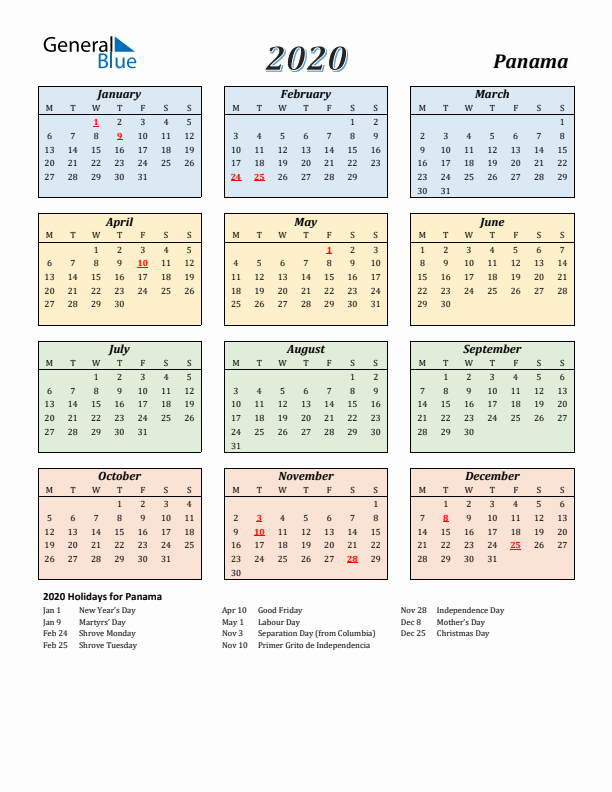 Panama Calendar 2020 with Monday Start