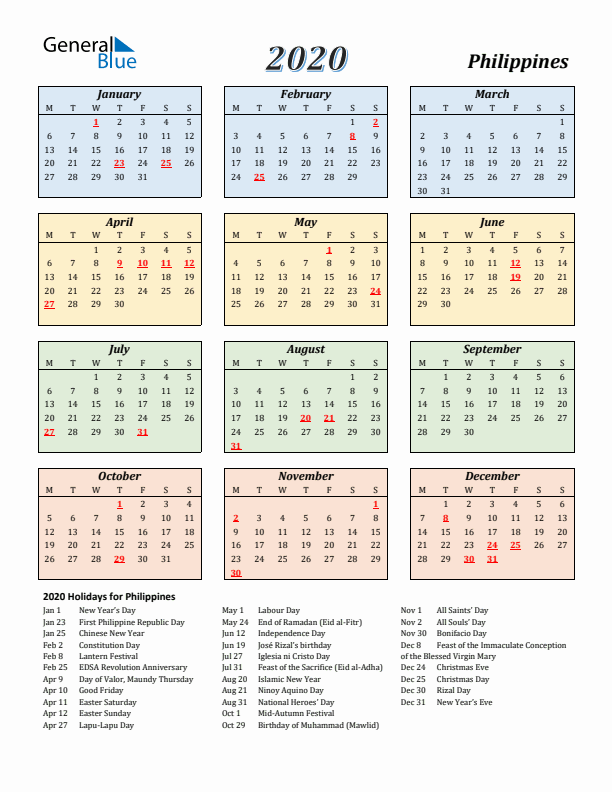 Philippines Calendar 2020 with Monday Start