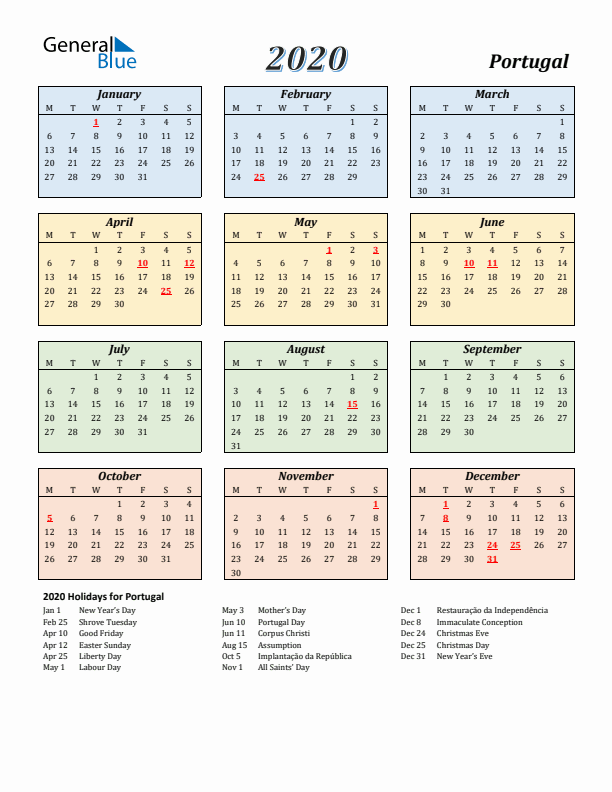 Portugal Calendar 2020 with Monday Start