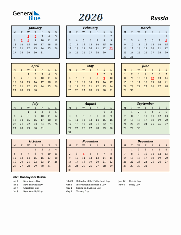 Russia Calendar 2020 with Monday Start
