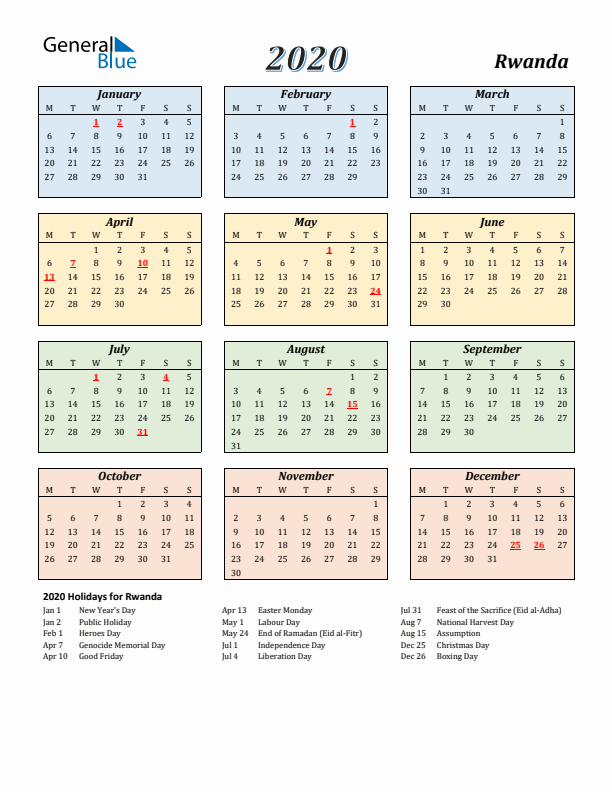 Rwanda Calendar 2020 with Monday Start