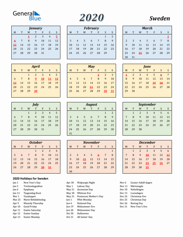 Sweden Calendar 2020 with Monday Start
