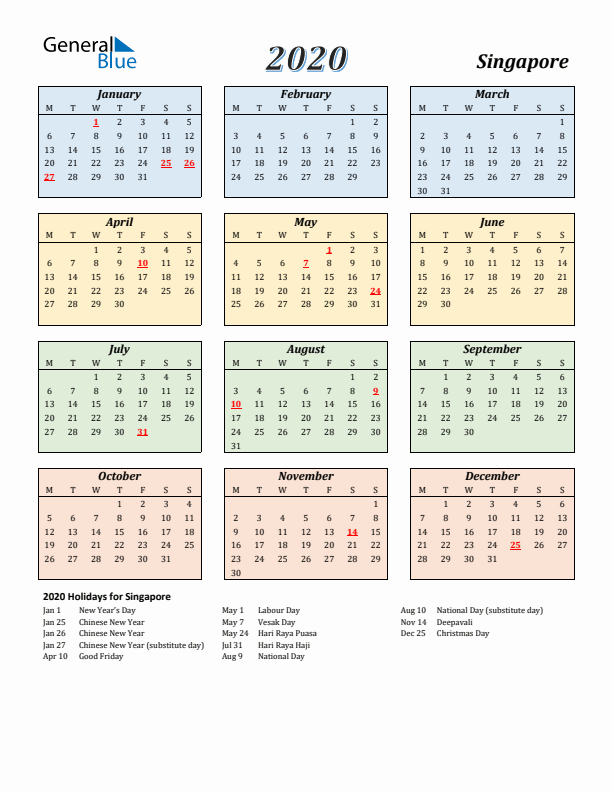 Singapore Calendar 2020 with Monday Start