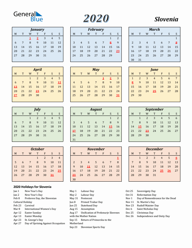 Slovenia Calendar 2020 with Monday Start