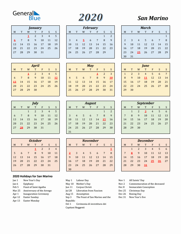 San Marino Calendar 2020 with Monday Start