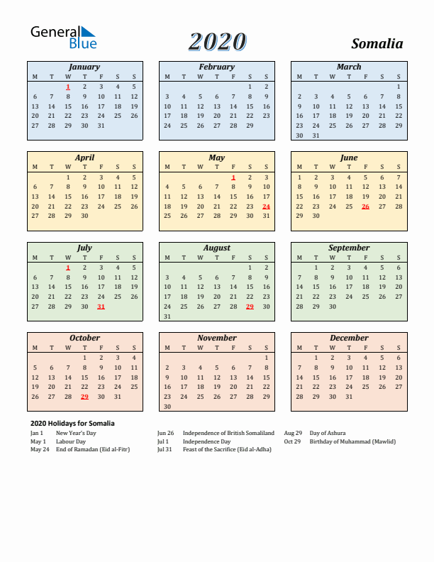 Somalia Calendar 2020 with Monday Start