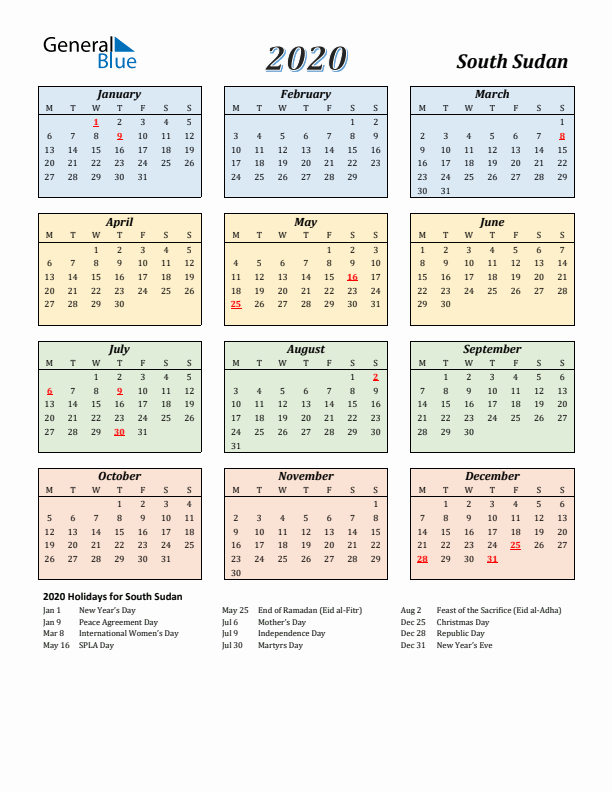 South Sudan Calendar 2020 with Monday Start