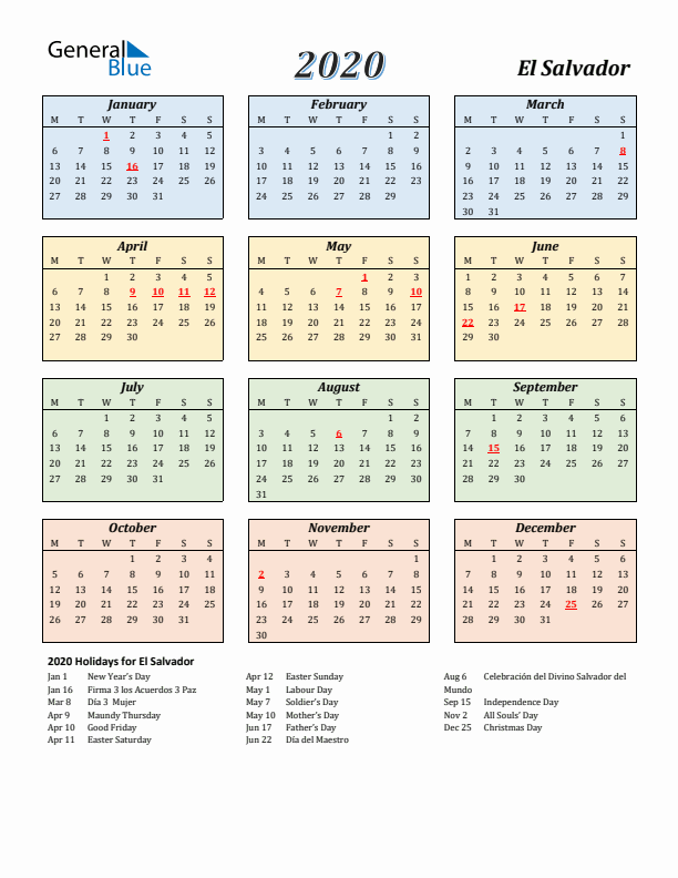 El Salvador Calendar 2020 with Monday Start