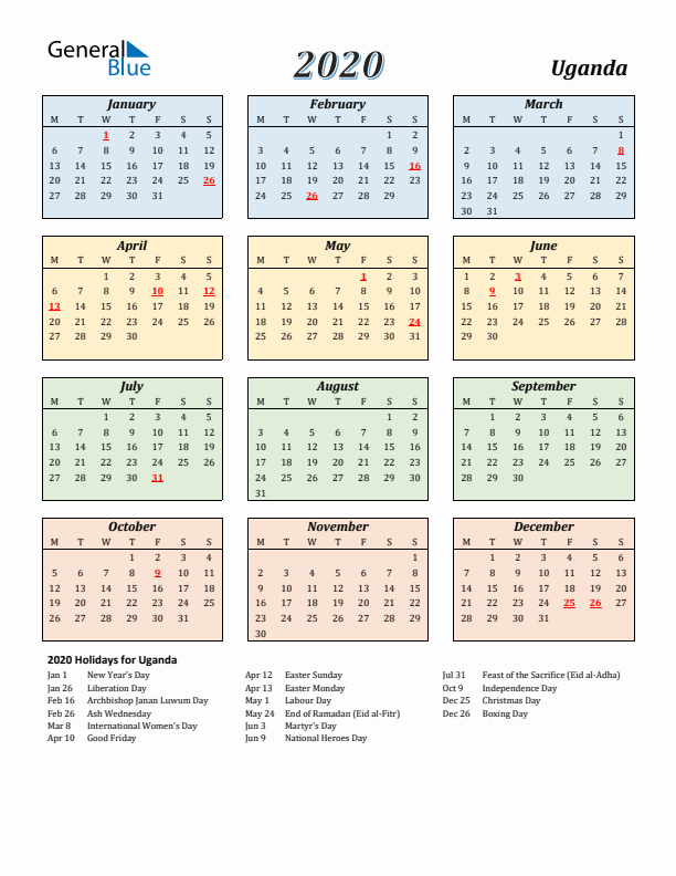 Uganda Calendar 2020 with Monday Start