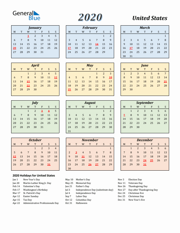 United States Calendar 2020 with Monday Start