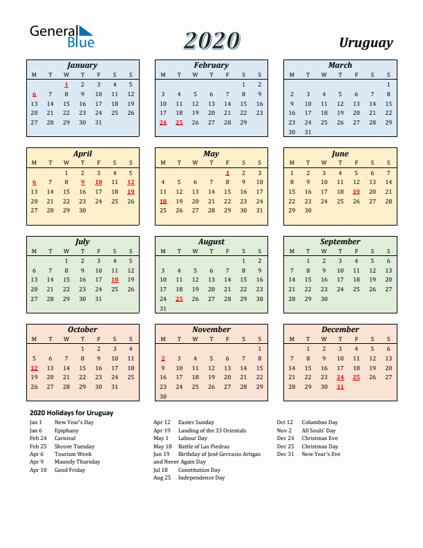 Uruguay Calendar 2020 with Monday Start