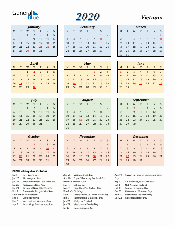 Vietnam Calendar 2020 with Monday Start