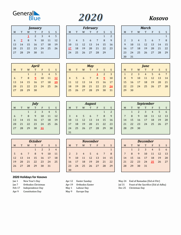 Kosovo Calendar 2020 with Monday Start