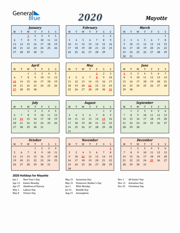 Mayotte Calendar 2020 with Monday Start