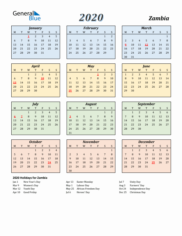 Zambia Calendar 2020 with Monday Start