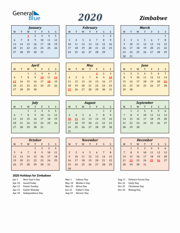 Zimbabwe Calendar 2020 with Monday Start