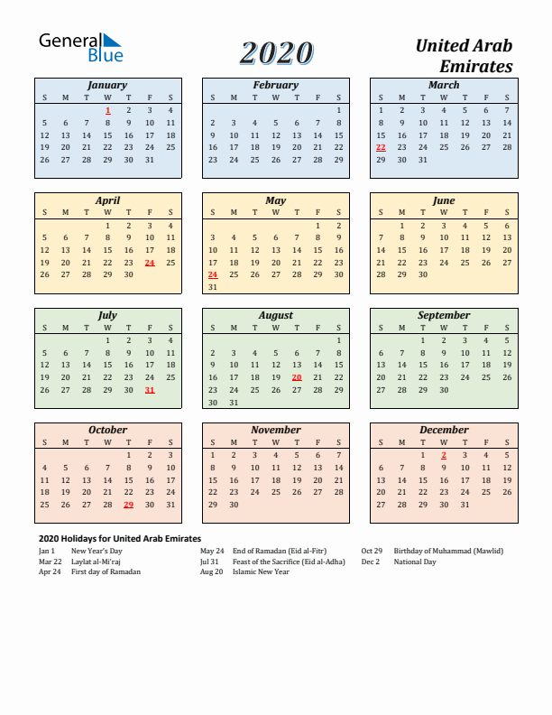 United Arab Emirates Calendar 2020 with Sunday Start
