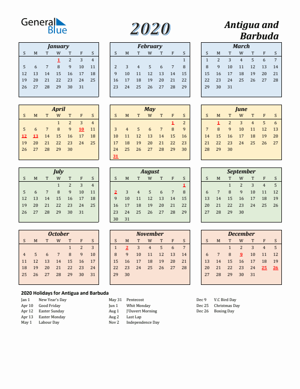 Antigua and Barbuda Calendar 2020 with Sunday Start