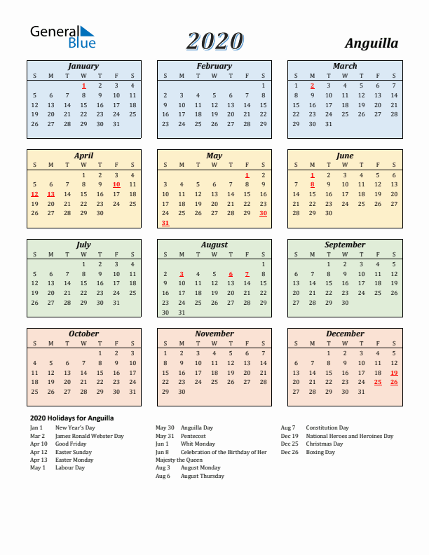 Anguilla Calendar 2020 with Sunday Start