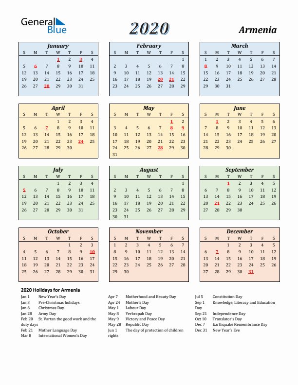 Armenia Calendar 2020 with Sunday Start
