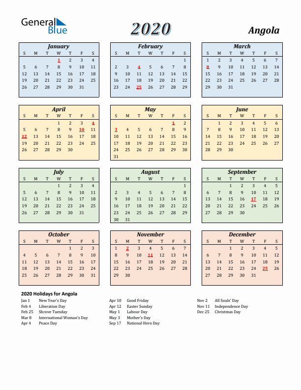 Angola Calendar 2020 with Sunday Start