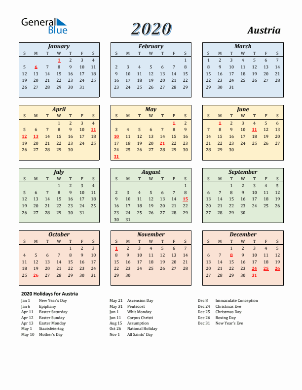 Austria Calendar 2020 with Sunday Start