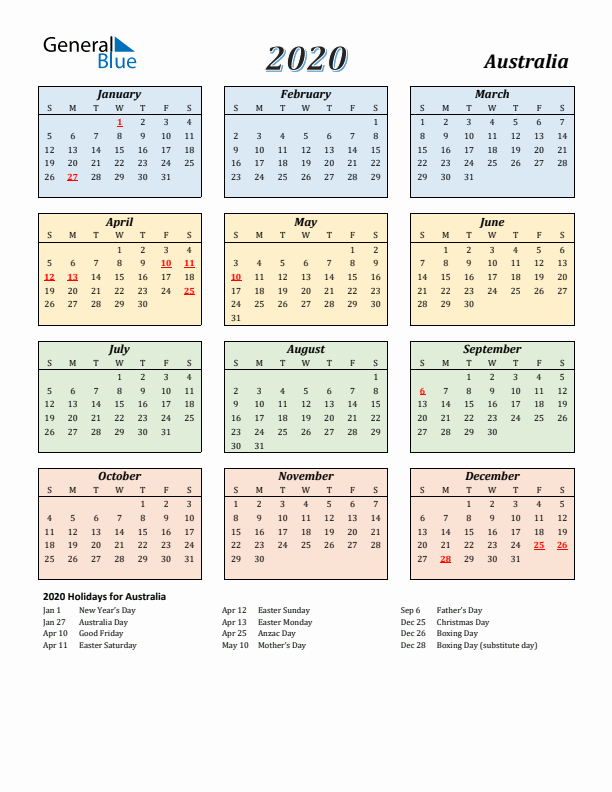 Australia Calendar 2020 with Sunday Start