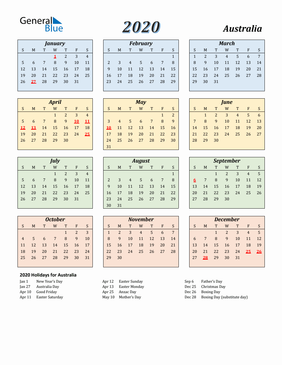 2020 Australia Calendar with Sunday Start