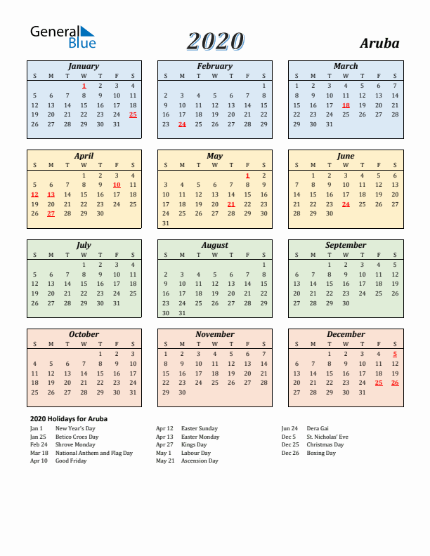 Aruba Calendar 2020 with Sunday Start