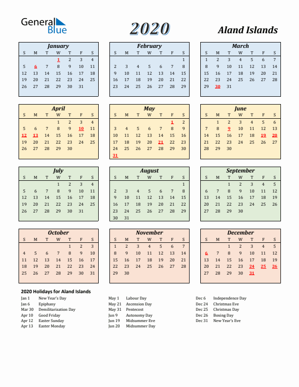 Aland Islands Calendar 2020 with Sunday Start