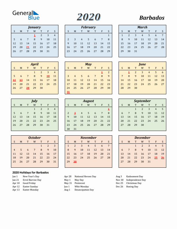 Barbados Calendar 2020 with Sunday Start