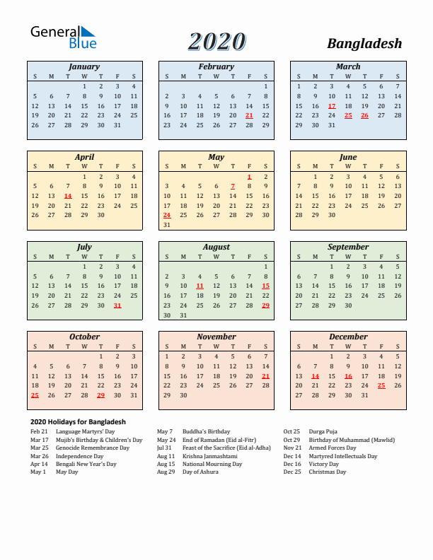 Bangladesh Calendar 2020 with Sunday Start