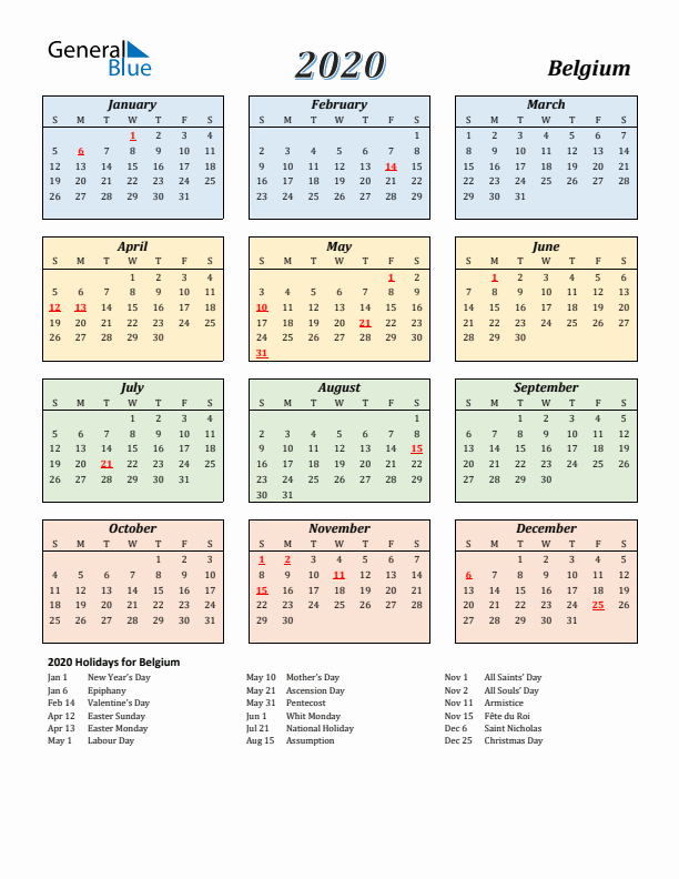 Belgium Calendar 2020 with Sunday Start