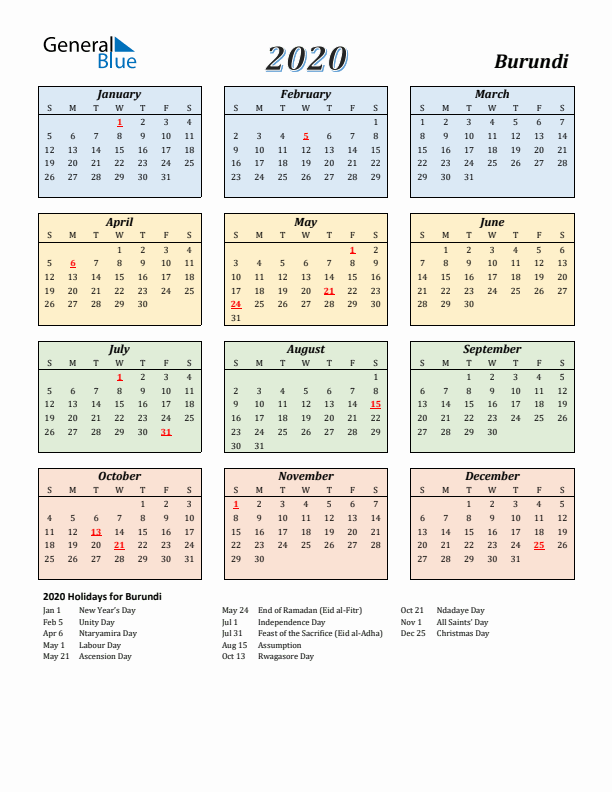 Burundi Calendar 2020 with Sunday Start