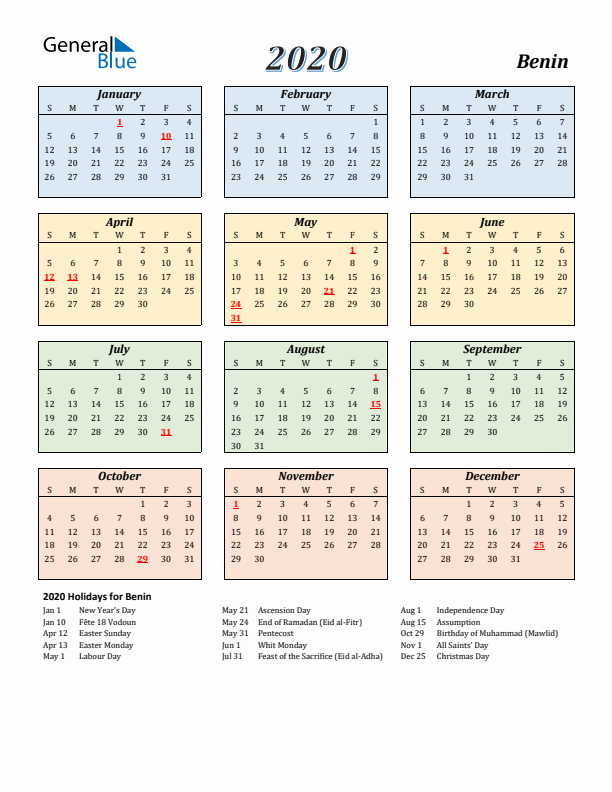 Benin Calendar 2020 with Sunday Start